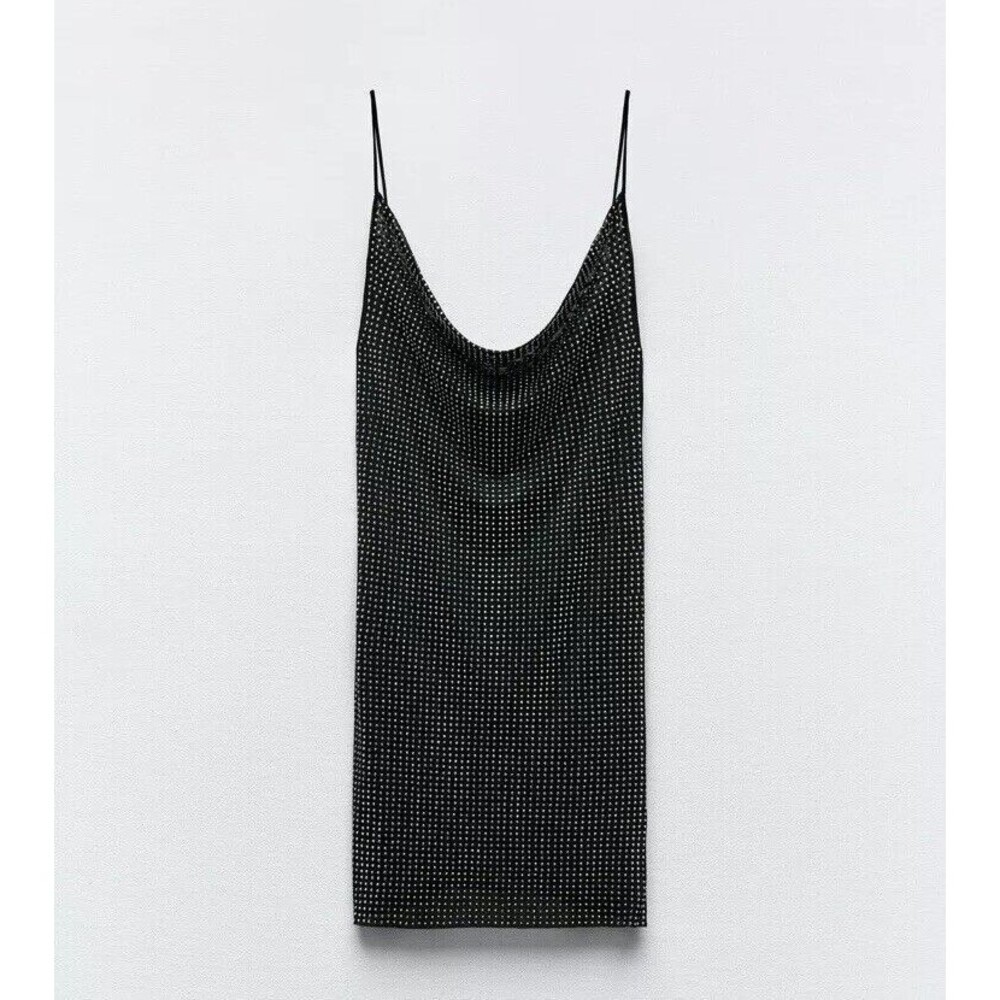 ZARA NEW WOMAN SS24 BLACK SHORT TULLE DRESS WITH RHINESTONES LARGE REF:5063/823